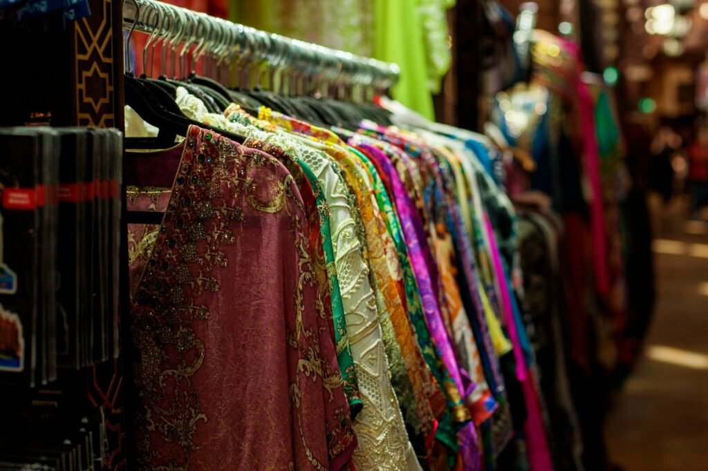 Sale of sarees of different colors on the eastern market
